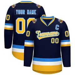Navy Gold White-Powder Blue Classic Style Hockey Jersey