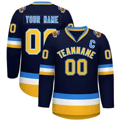 Navy Gold White-Powder Blue Classic Style Hockey Jersey 1