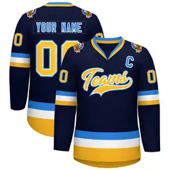 Navy Gold White-Powder Blue Classic Style Hockey Jersey 1