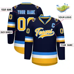 Navy Gold White-Powder Blue Classic Style Hockey Jersey 2