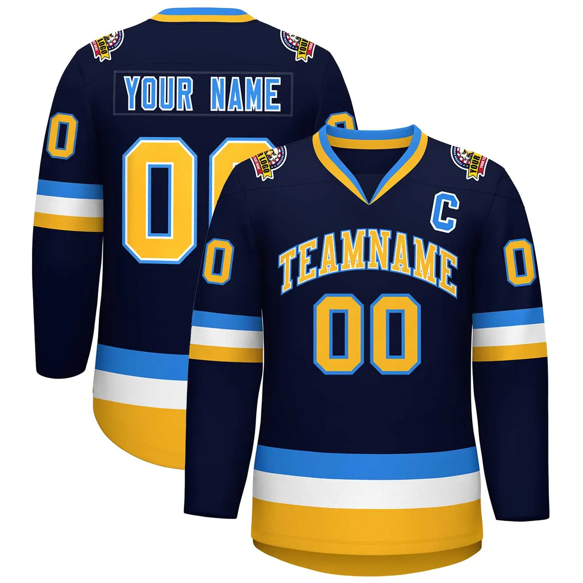 Navy Gold White-Powder Blue Classic Style Hockey Jersey