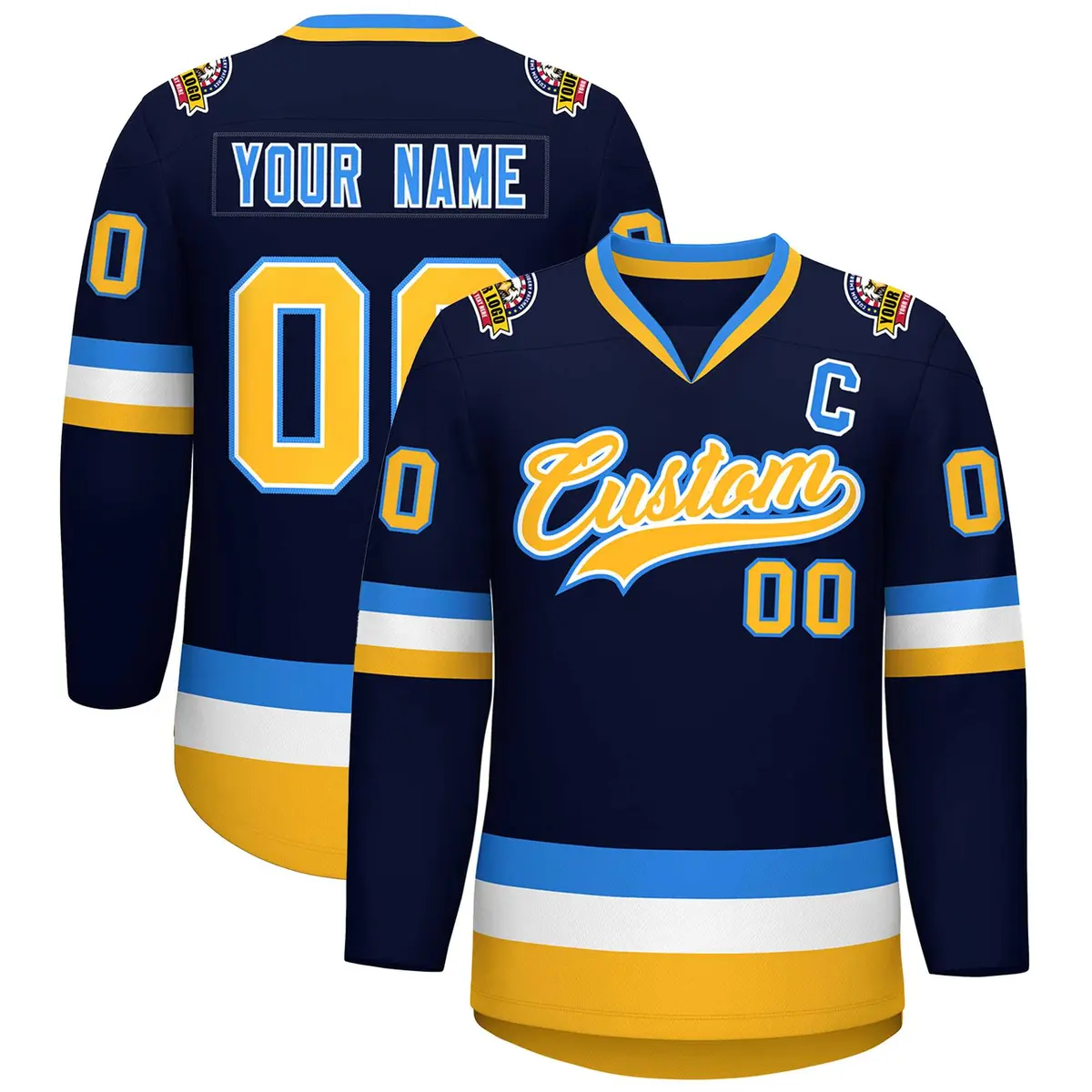 Navy Gold White-Powder Blue Classic Style Hockey Jersey