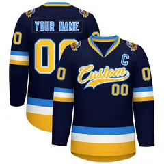 Navy Gold White-Powder Blue Classic Style Hockey Jersey 1