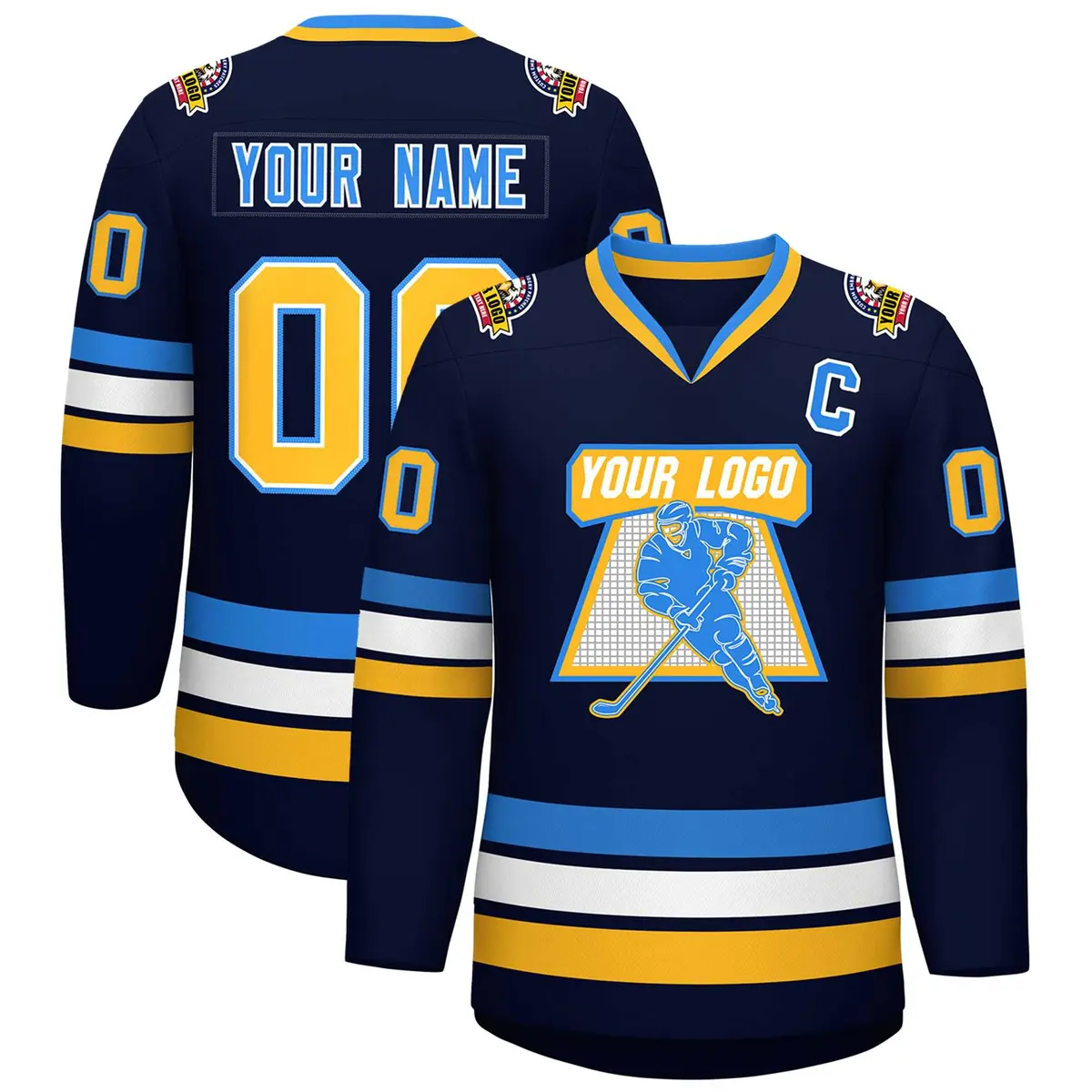 Navy Gold White-Powder Blue Classic Style Hockey Jersey