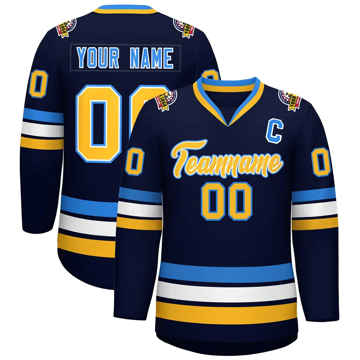 Navy Gold White-Powder Blue Classic Style Hockey Jersey