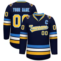 Navy Gold White-Powder Blue Classic Style Hockey Jersey 1