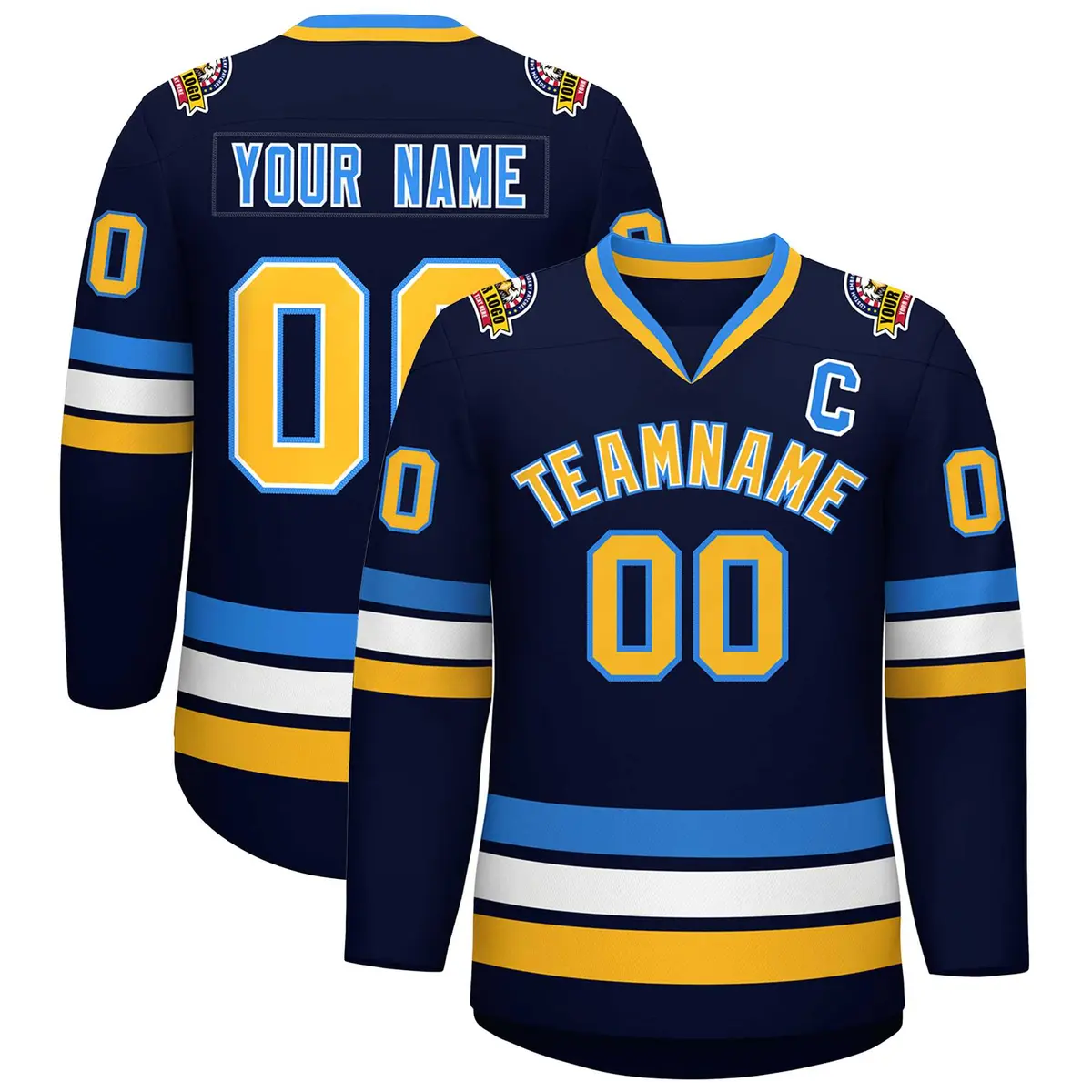 Navy Gold White-Powder Blue Classic Style Hockey Jersey