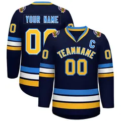 Navy Gold White-Powder Blue Classic Style Hockey Jersey 1