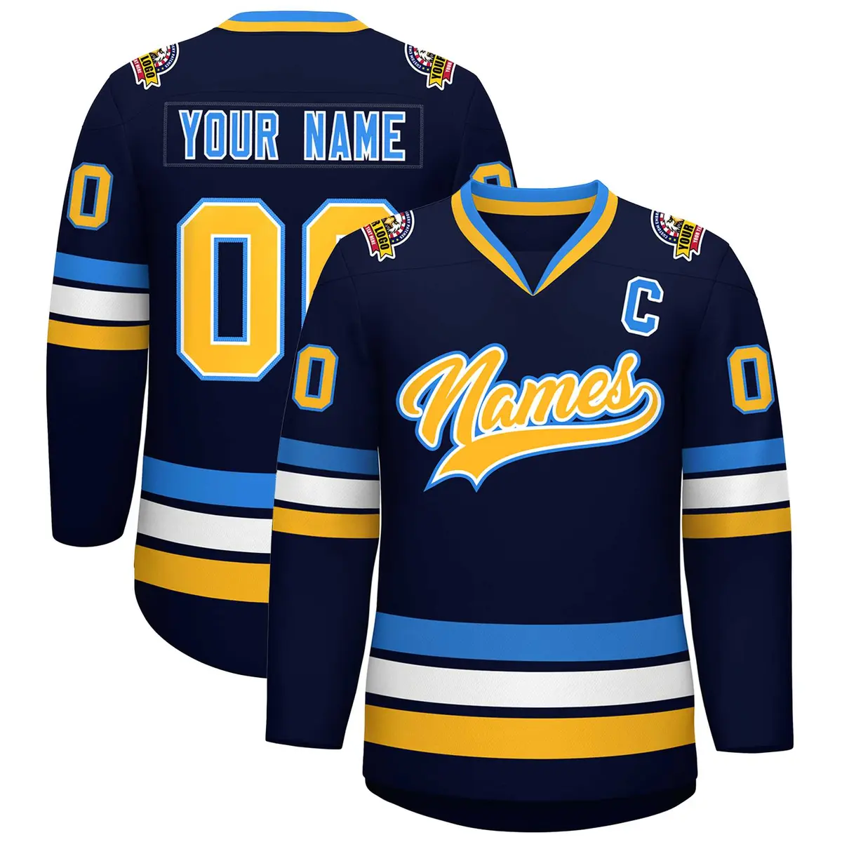 Navy Gold White-Powder Blue Classic Style Hockey Jersey