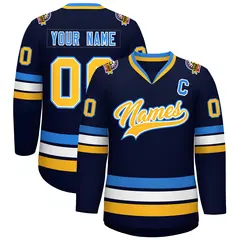 Navy Gold White-Powder Blue Classic Style Hockey Jersey 1