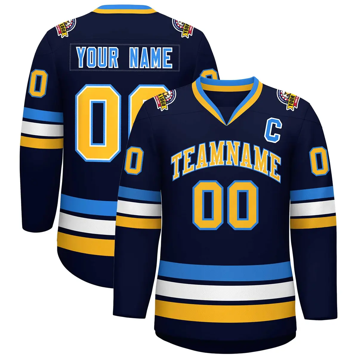 Navy Gold White-Powder Blue Classic Style Hockey Jersey