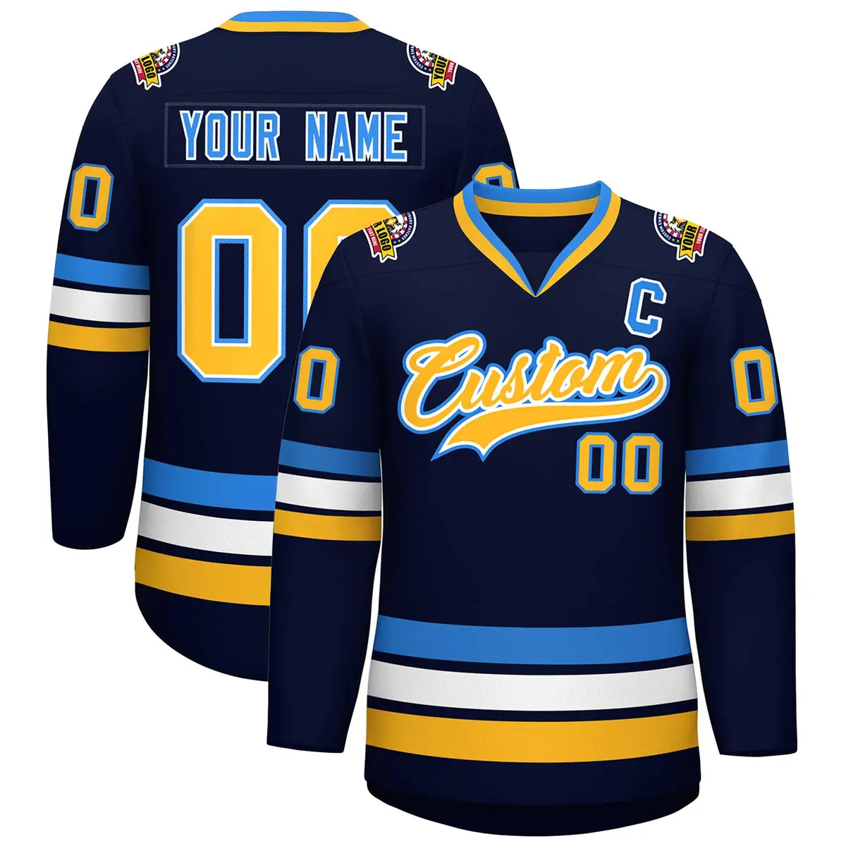 Navy Gold White-Powder Blue Classic Style Hockey Jersey