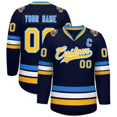 Navy Gold White-Powder Blue Classic Style Hockey Jersey 1