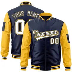 Navy Gold-White Raglan Sleeves Full-Zip Letterman Bomber Jacket