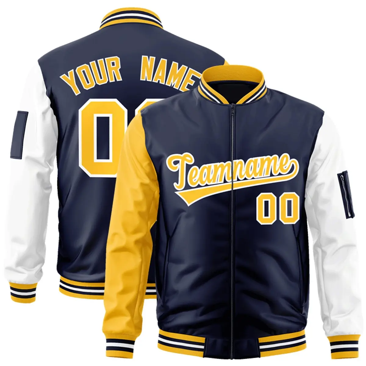Navy Gold-White Raglan Sleeves Letterman Bomber Jacket