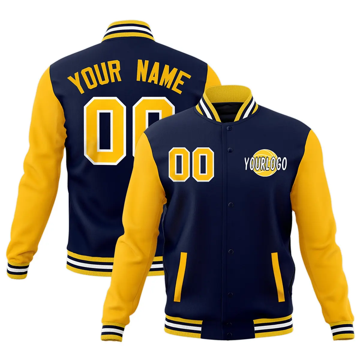 Navy Gold White Raglan Sleeves Letterman Cotton Jacket
