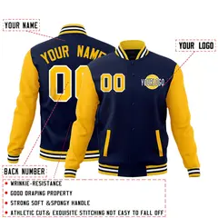 Navy Gold White Raglan Sleeves Letterman Cotton Jacket 2