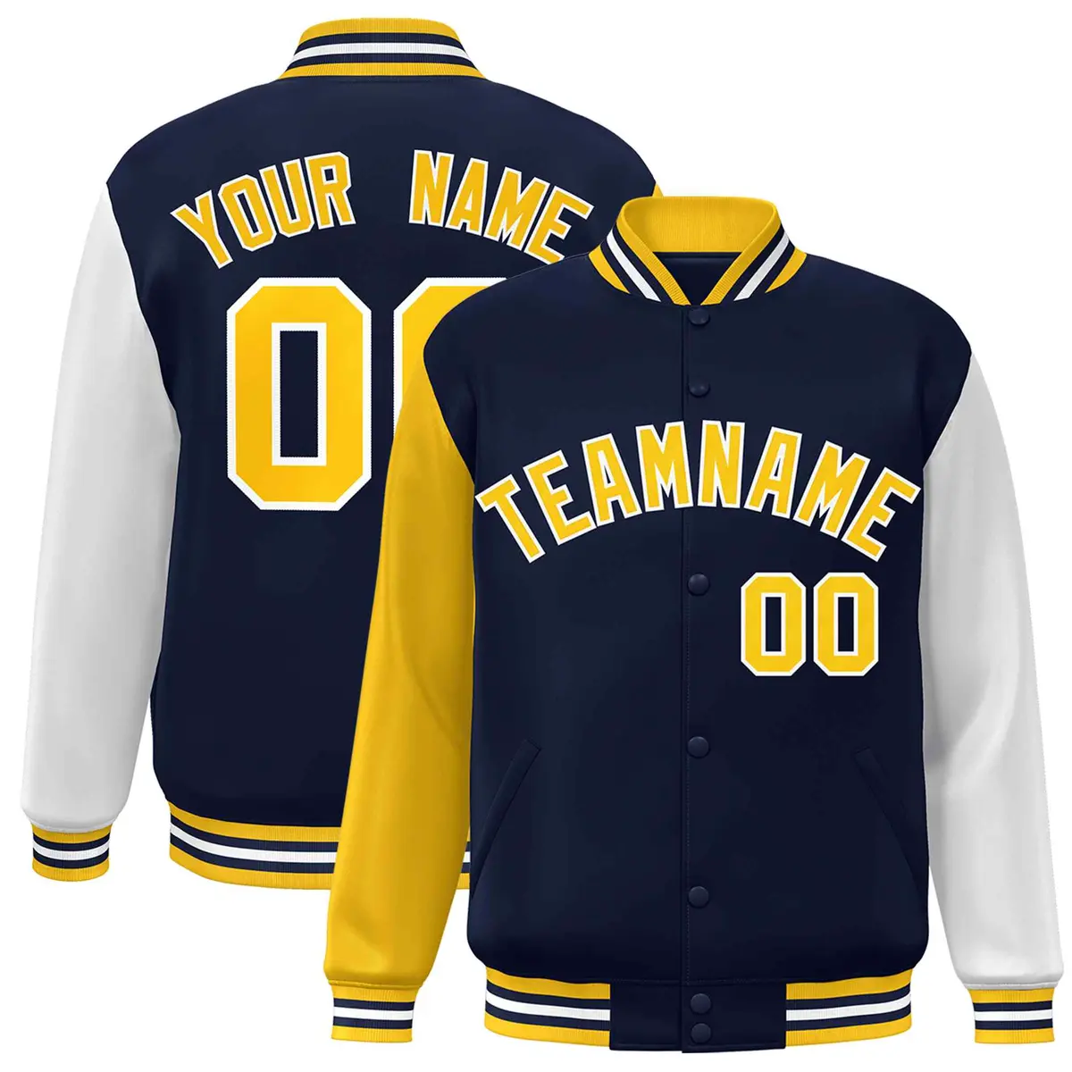Navy Gold White Raglan Varsity Full-Snap Letterman Jacket