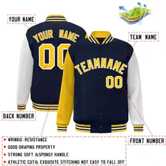 Navy Gold White Raglan Varsity Full-Snap Letterman Jacket 2