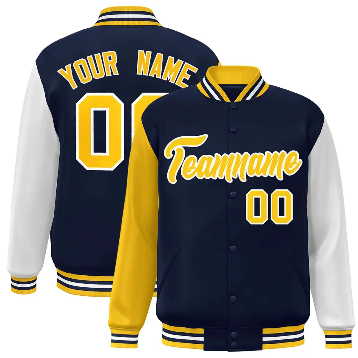 Navy Gold White Raglan Varsity Full-Snap Letterman Jacket