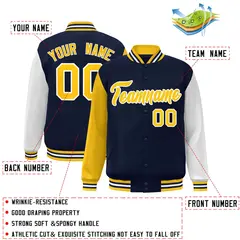 Navy Gold White Raglan Varsity Full-Snap Letterman Jacket 2