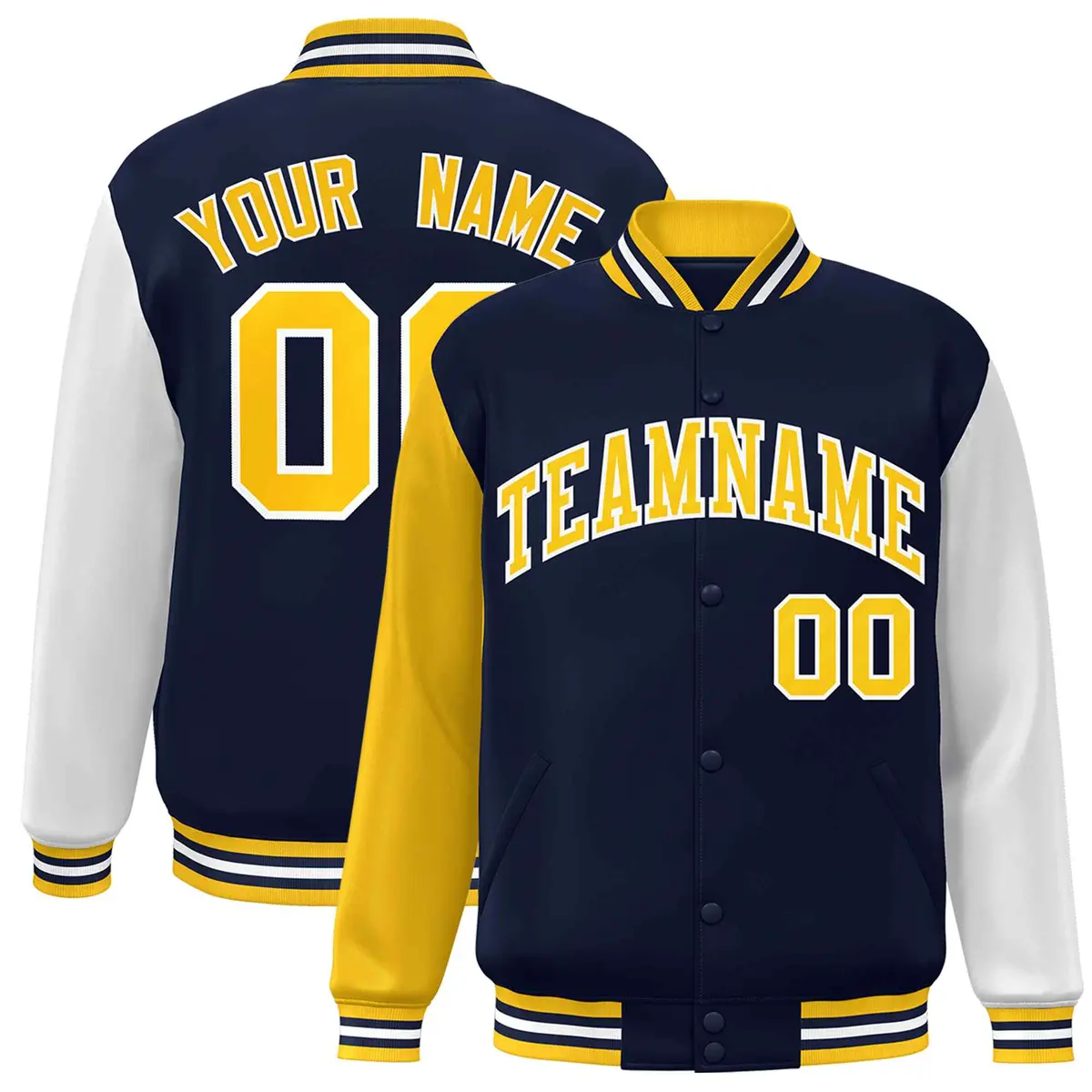 Navy Gold White Raglan Varsity Full-Snap Letterman Jacket