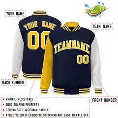Navy Gold White Raglan Varsity Full-Snap Letterman Jacket 2