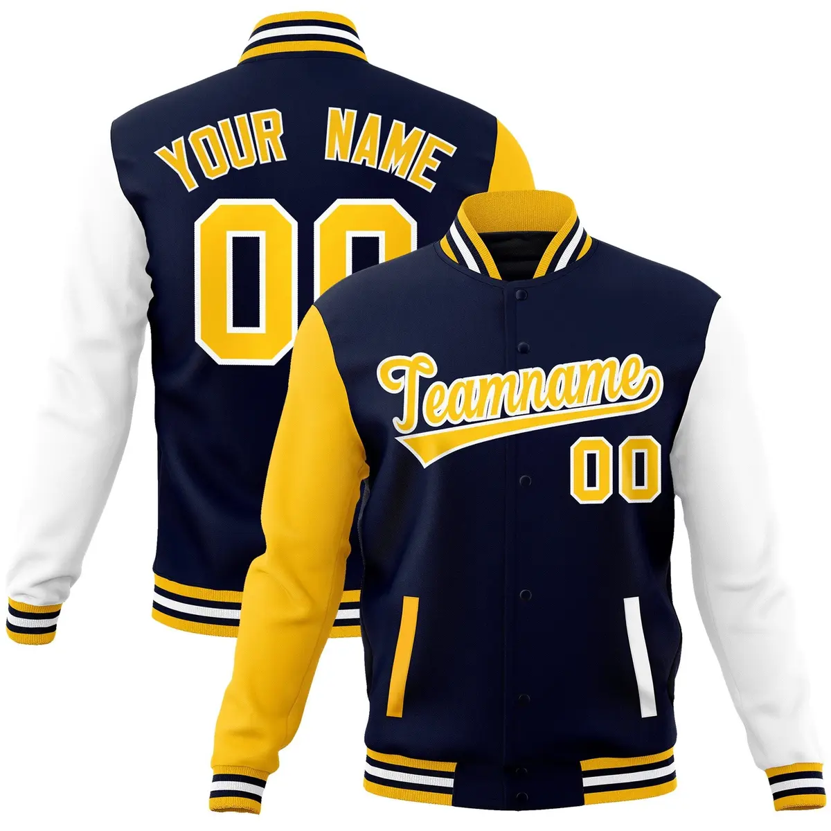 Navy Gold White Raglan Varsity Full-Snap Letterman Jacket