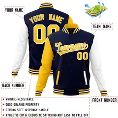 Navy Gold White Raglan Varsity Full-Snap Letterman Jacket 4