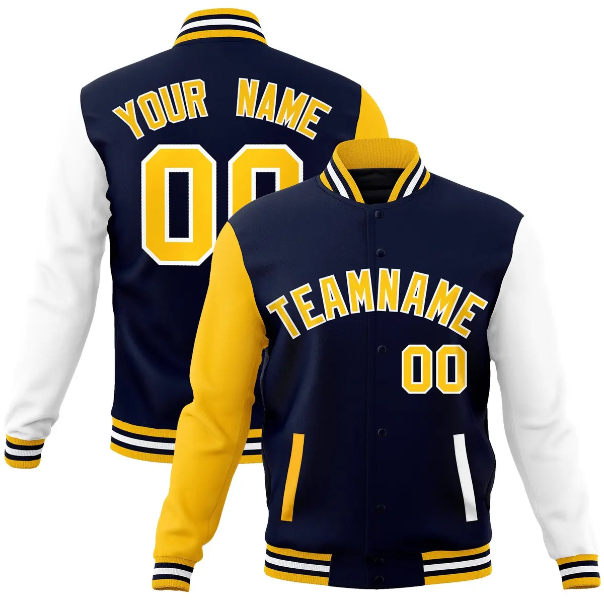 Navy Gold White Raglan Varsity Full-Snap Letterman Jacket