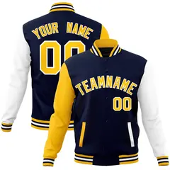 Navy Gold White Raglan Varsity Full-Snap Letterman Jacket