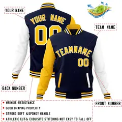 Navy Gold White Raglan Varsity Full-Snap Letterman Jacket 4