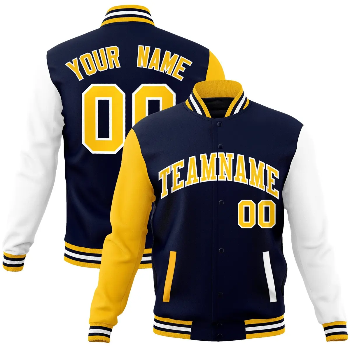 Navy Gold White Raglan Varsity Full-Snap Letterman Jacket
