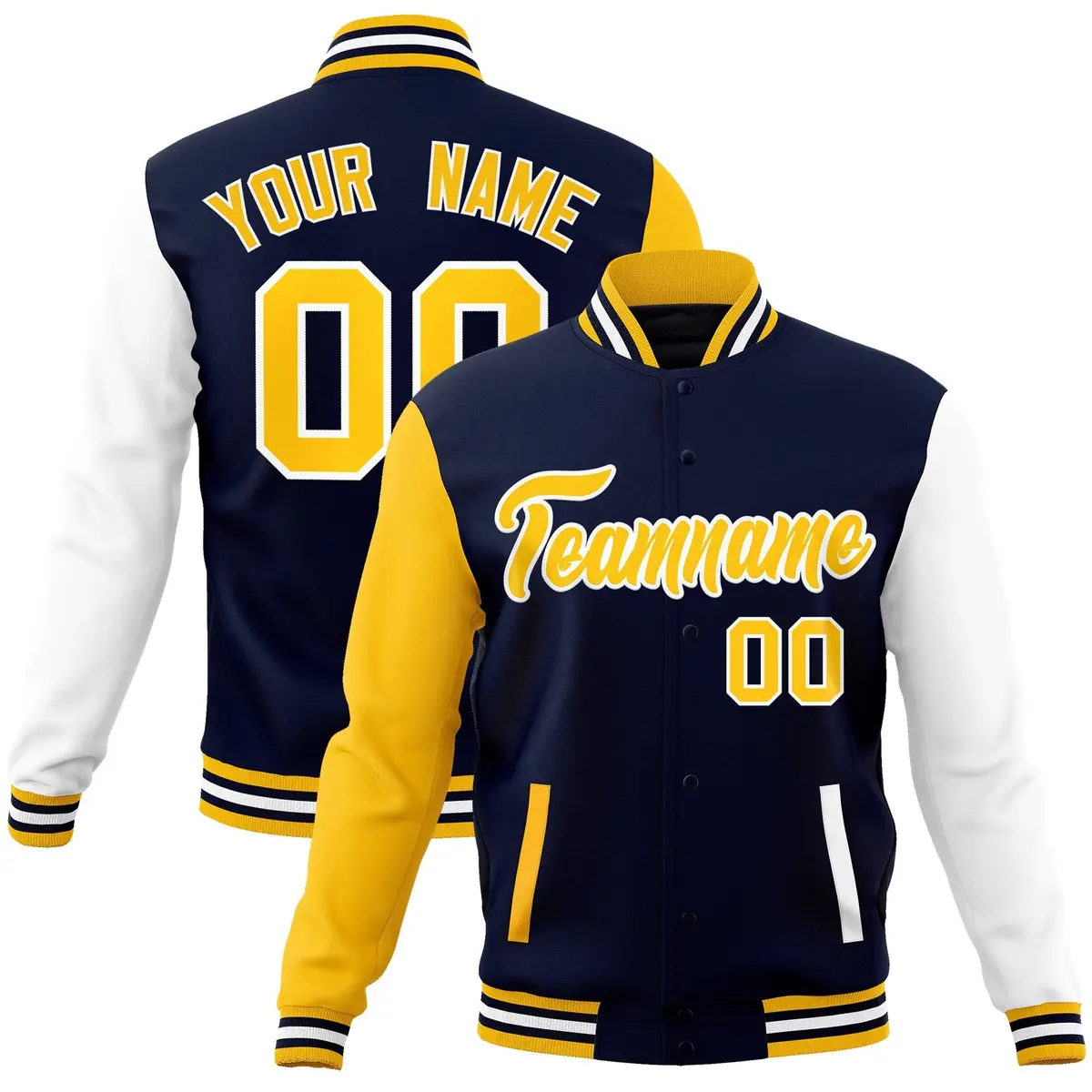 Navy Gold White Raglan Varsity Full-Snap Letterman Jacket
