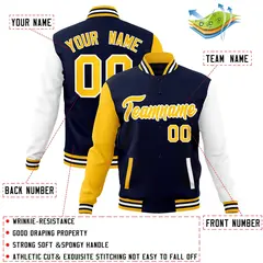 Navy Gold White Raglan Varsity Full-Snap Letterman Jacket 4