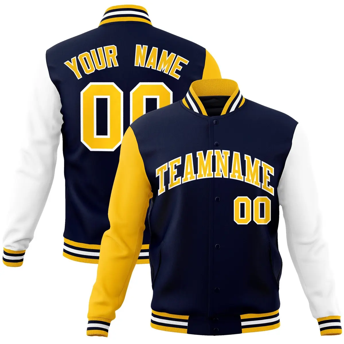 Navy Gold White Raglan Varsity Full-Snap Letterman Jacket