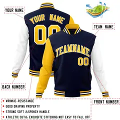 Navy Gold White Raglan Varsity Full-Snap Letterman Jacket 4