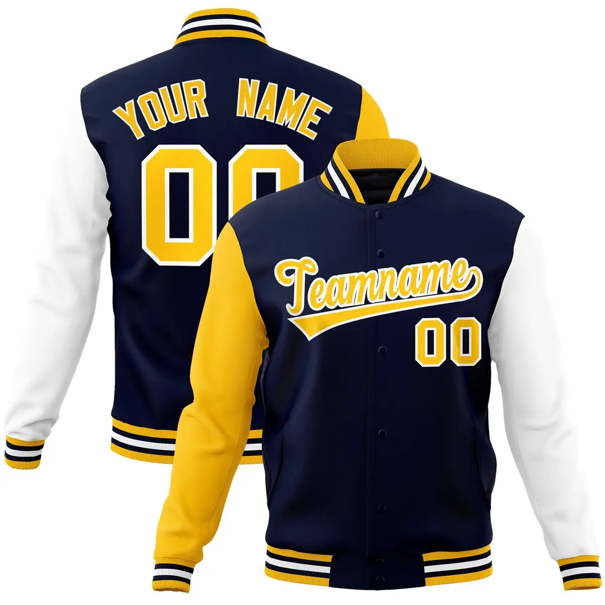 Navy Gold White Raglan Varsity Full-Snap Letterman Jacket