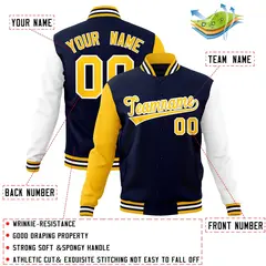 Navy Gold White Raglan Varsity Full-Snap Letterman Jacket 4