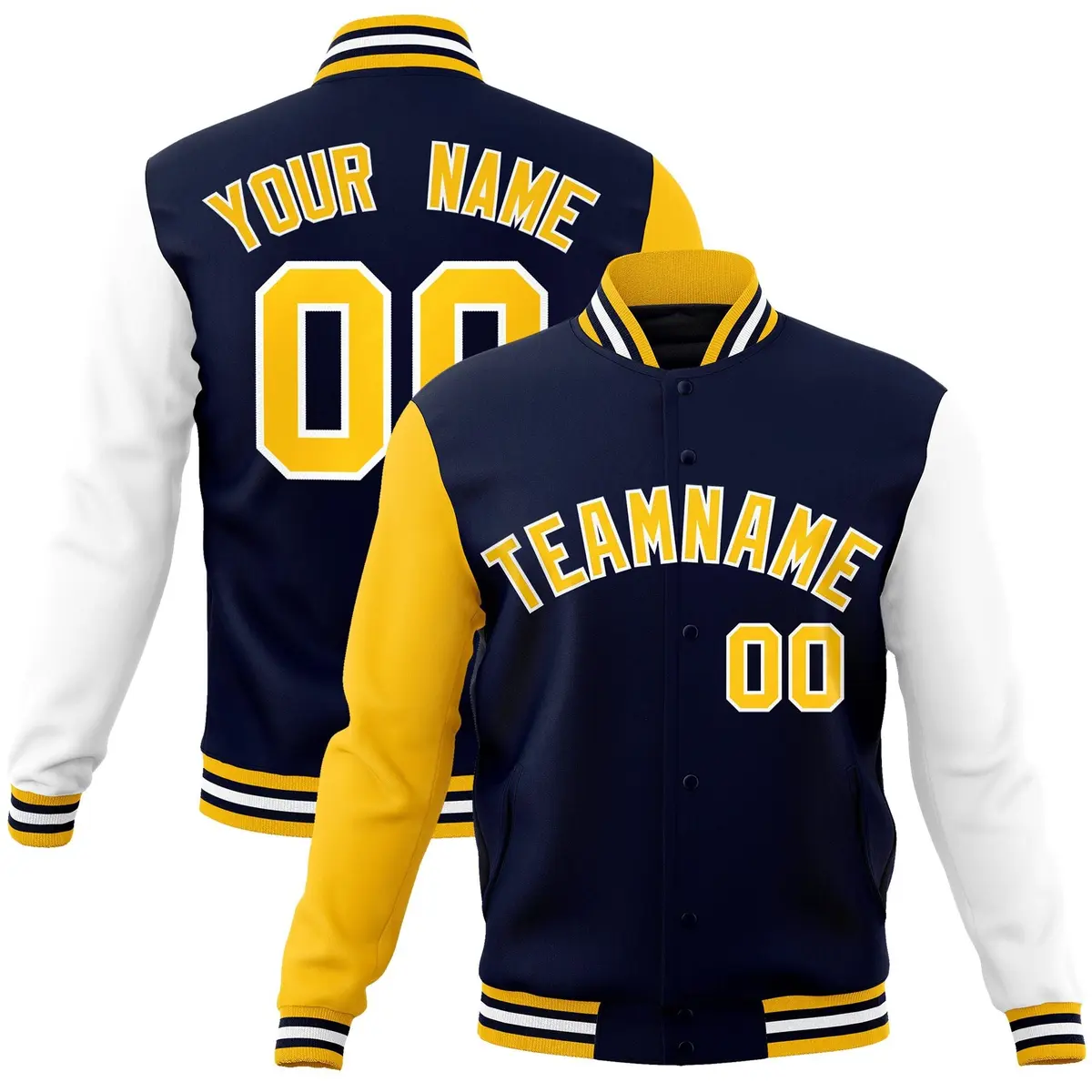 Navy Gold White Raglan Varsity Full-Snap Letterman Jacket