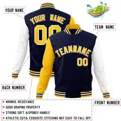 Navy Gold White Raglan Varsity Full-Snap Letterman Jacket 4