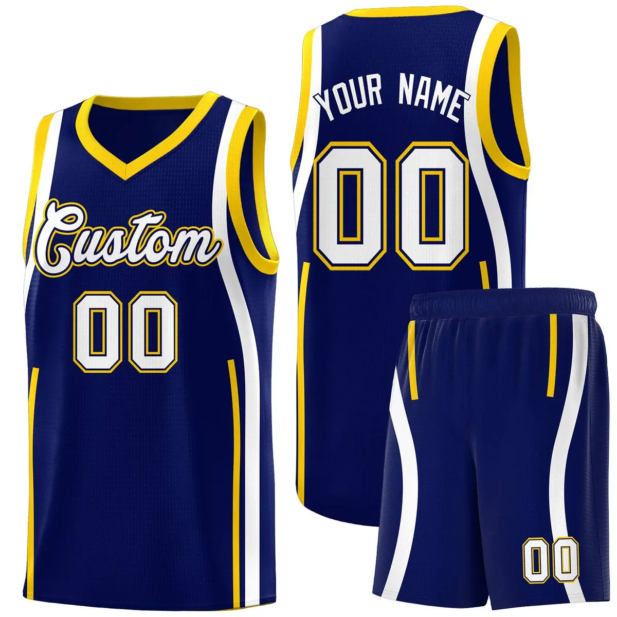 Navy Gold-White Ribbon Pattern Basketball Kits