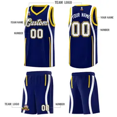 Navy Gold-White Ribbon Pattern Basketball Kits 5