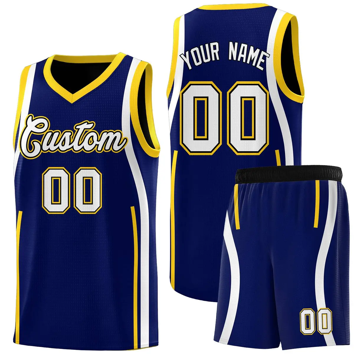 Navy Gold-White Ribbon Pattern Basketball Kits