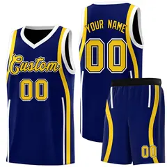 Navy Gold-White Ribbon Pattern Basketball Kits 1