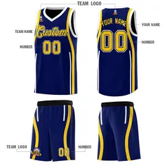 Navy Gold-White Ribbon Pattern Basketball Kits 5