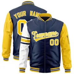 Navy Gold-White Stripe Varsity Letterman Bomber Jacket 1