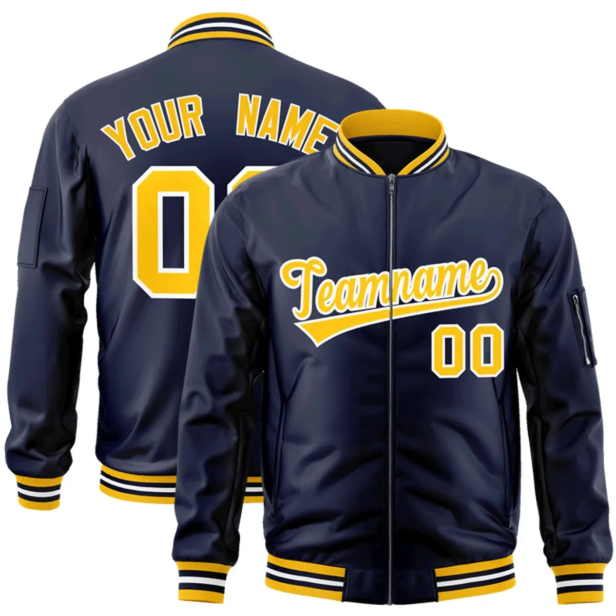 Navy Gold-White Varsity Full-Zip Letterman Bomber Jacket
