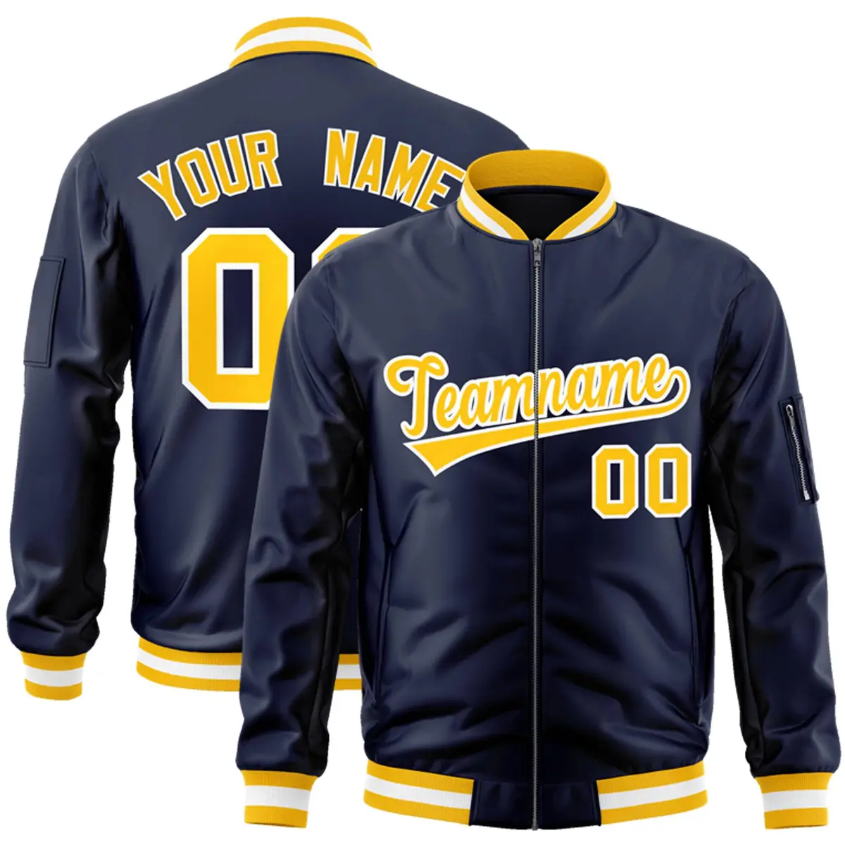 Navy Gold-White Varsity Full-Zip Letterman Bomber Jacket