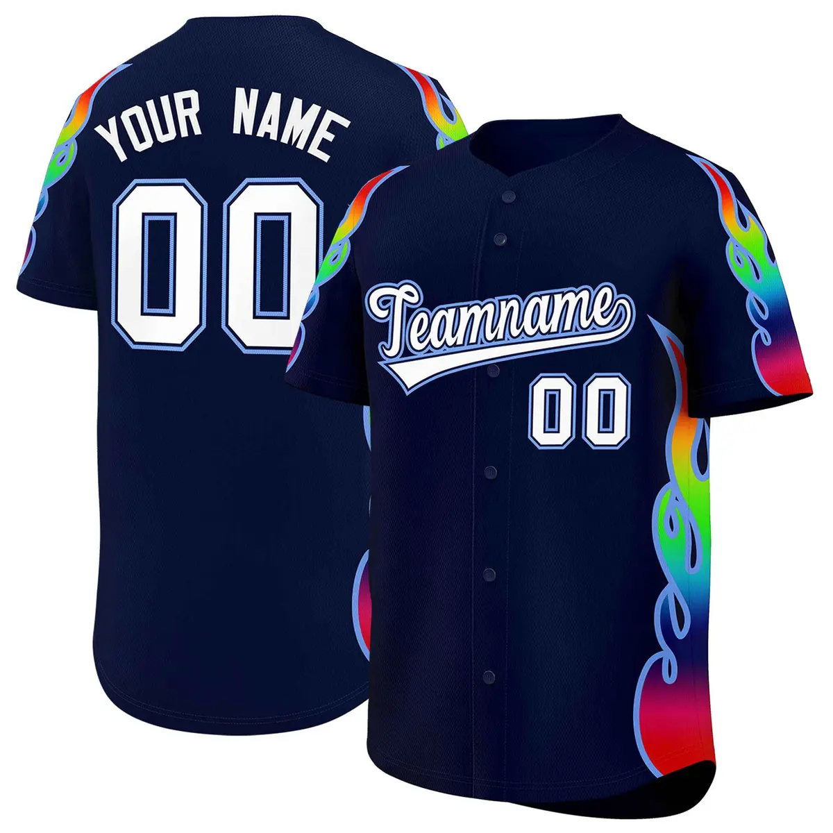 Navy Graffiti Multicolored Flames Print Baseball Jersey